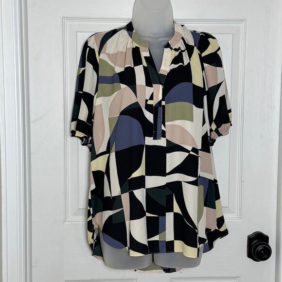 NYDJ Tops - NYDJ Abstract Geometric Tunic Blouse Split Neck Hi Low Career Top Medium